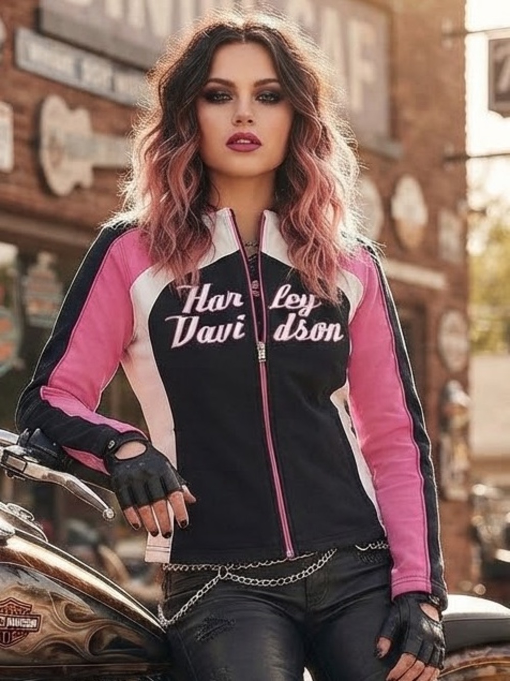 Harley Davidson Black White Pink Full Zip Track Jacket Hoodie HD Logo Y2K Biker